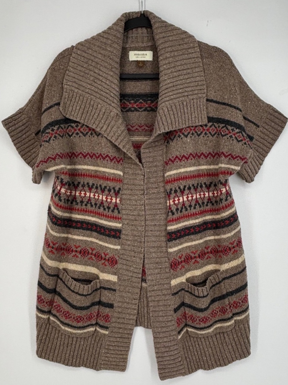 Sonoma Womens Small Open Front Cardigan Sweater Taupe Red Fair Isle Short Sleeve